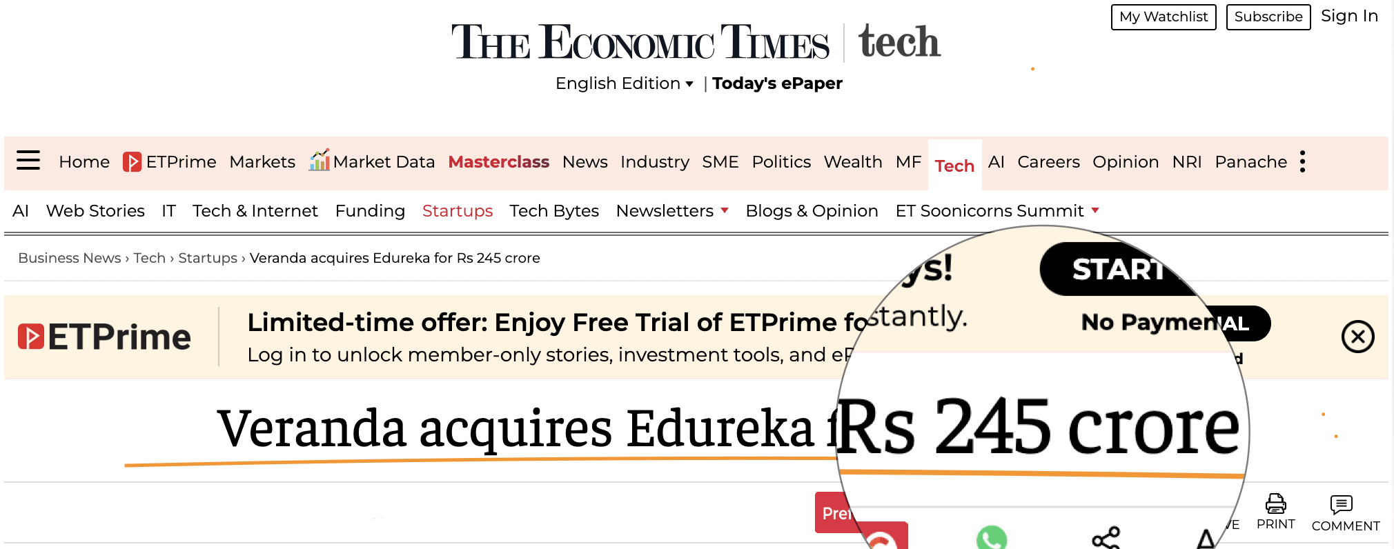 The Economic Times coverage: Veranda acquires Edureka for ₹245 crore